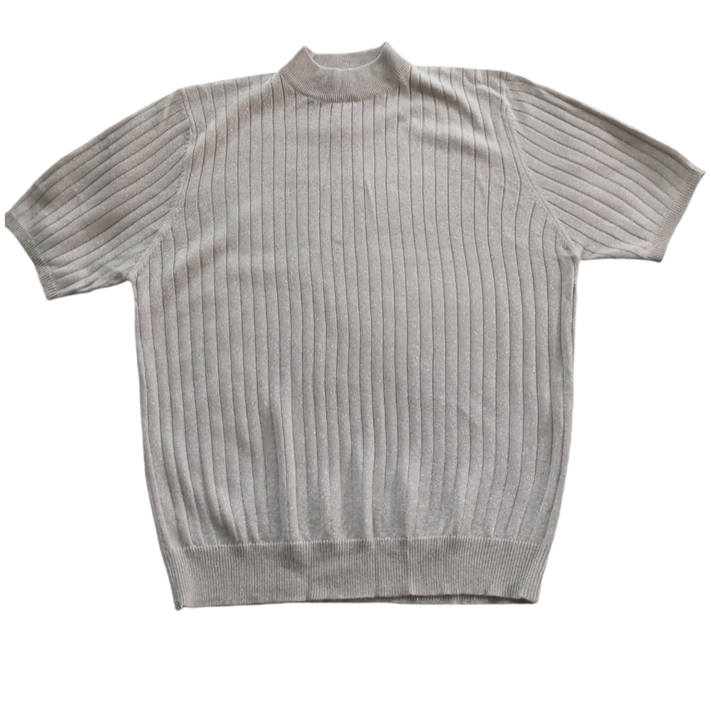 Sag Harbor Tan Silver Sparkle Short Sleeve Mock Neck Pullover Sweater
